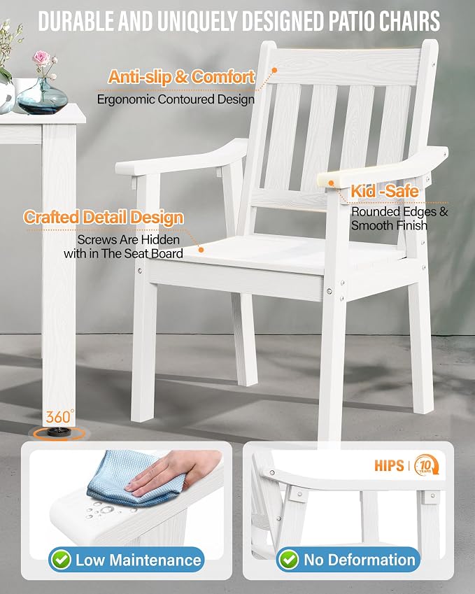 YEFU Patio Dining Chairs Set of 4: All Weather Outdoor Dining Chairs with Wide Curved Seat and Backrest - Outdoor Furniture Plastic for Outside Backyard/Garden/Porch/Deck 350lbs Capacity White