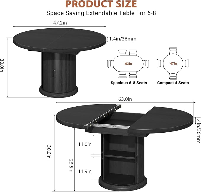 Jocoevol 47″–63″ Extendable Round Dining Table for 4–8 with Dust-Proof 2-Tier Storage Shelf Space Saving Expandable Wood Oval Circle Dinner Furniture with Pedestal Base (Black)