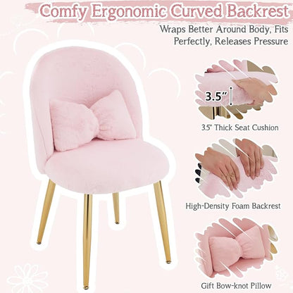 VINGLI Fluffy Girls Vanity Chair with Back & Pillow,Cute Small Cozy Desk Chair No Wheels,Comfy Makeup Ch with Ajustable Gold Legs,for Bedroom,Living Room,Small Space,Pink