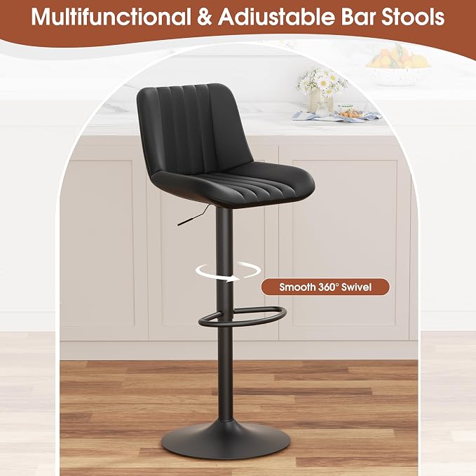 JAMFLY Modern Leather Bar Stools – Swivel & Height-Adjustable Bar Chairs with Footrest, Ergonomic Design for Kitchen Island, Home & Commercial Bar – Set of 4, Black