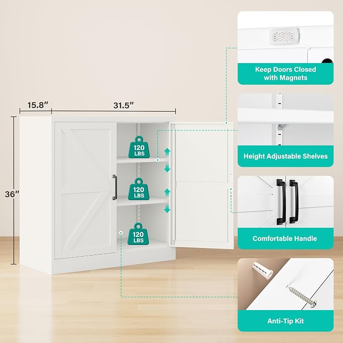 Metal Storage Cabinet with Doors & Adjustable Shelves, 36" Tall Farmhouse Pantry Cabinet, Small Sideboard for Kitchen, Dining, Living & Laundry Room, White