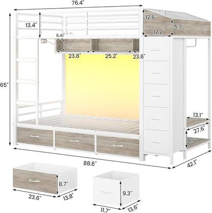 VIAGDO Bunk Bed Twin Over Twin with 8 Storage Drawers and Power Outlets, LED Twin Bunk Beds with Hall Tree and Shelves, Metal Bunk Beds with Safety Guardrail & Ladder for Dorms, Kids, White