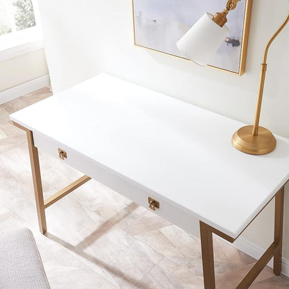 Leick Home 11400-WT Empiria Mixed Metal and Wood Computer Desk with Drop Front Keyboard Drawer, White/Gold