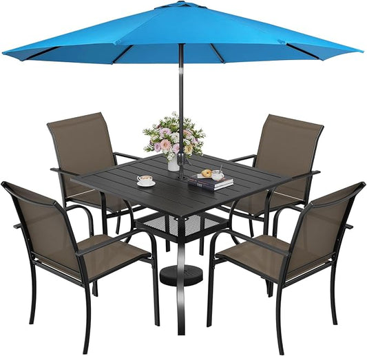 SUNCROWN 6 - Piece Outdoor Dining Set, Patio Furniture Set with 4 Textilene Dinning Chairs, 1 Steel Slat Metal Bistro Table and 1 Sky Blue 9Ft Patio Umbrella for Lawn Garden Backyard Deck, Brown
