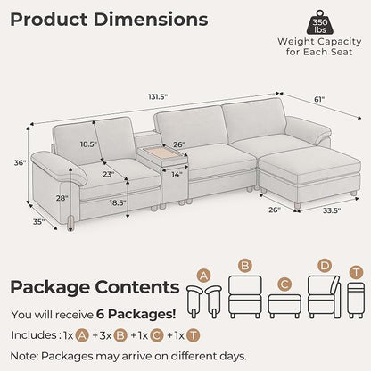 SITJOY Large Cloud Couch, 132" Wide 3 Seater Couch with Console, Light Gray | Detachable and Washable Chenille Cover Sectional Sofas for Living Room, Deep Seat Wide Couch with Chaise, Storage Ottoman