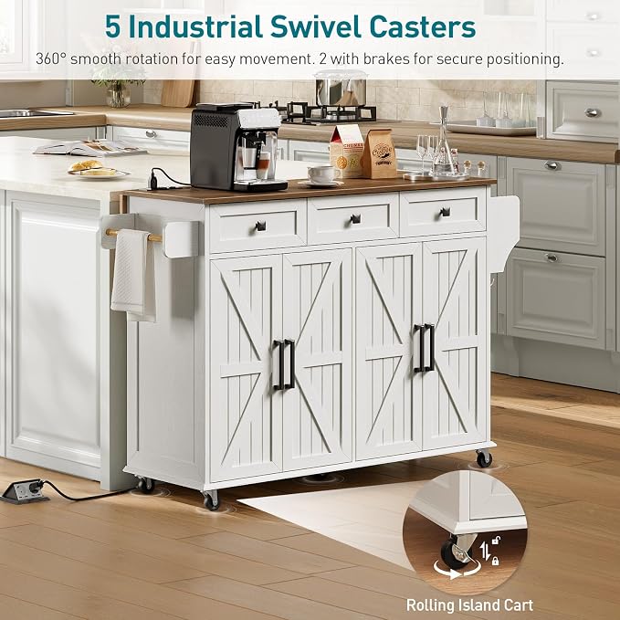 RALGEND Kitchen Island with Drop Leaf & Power Outlet, Rolling Kitchen Island Cart On Wheels, Barn Door Kitchen Island Table with Storage and Tower Rack, Island Table for Kitchen, White and Walnut