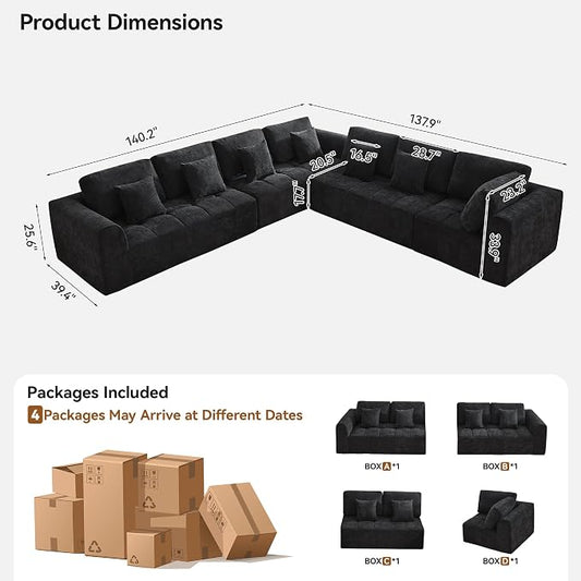 140''Modular Sectional Couches for Living Room, Cloud Boneless Compressed Sectional Sofa, Oversized L Shaped 7 Seater Upholstered Memory Foam Sofa, No Assembly, Chenille Black