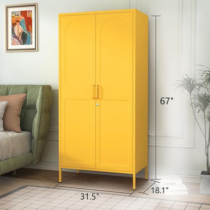 Lockable Yellow Tall Metal Wardrobe 67 Inch, Vintage Arched Door Steel Storage Cabinet with Adjustable Shelves & Leveling Feet for Home Office Bedroom Size：67" H x 31.5" W x 18.1" D