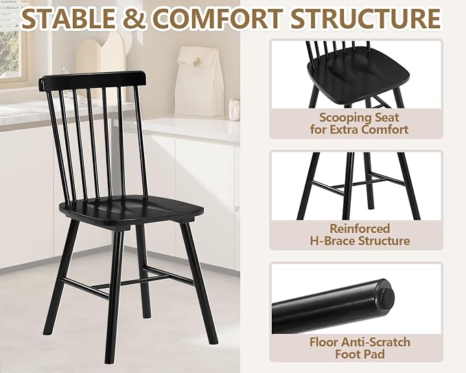 PrimeZone Windsor Dining Chairs Set of 2 - Solid Rubber Wood Farmhouse Kitchen Chair with Spindle Back, Mid-Century Modern Side Dining Chair for Dining Room, Kitchen & Restaurant, Black