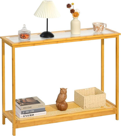 Bamboo Narrow Console Table, 39.4"(L) Wood Small Entryway Table with Rattan and Glass, Accent Slim Hallway Tables, Thin Sofa Side Tables for Hallway, Living Room, Foyer, Burlywood