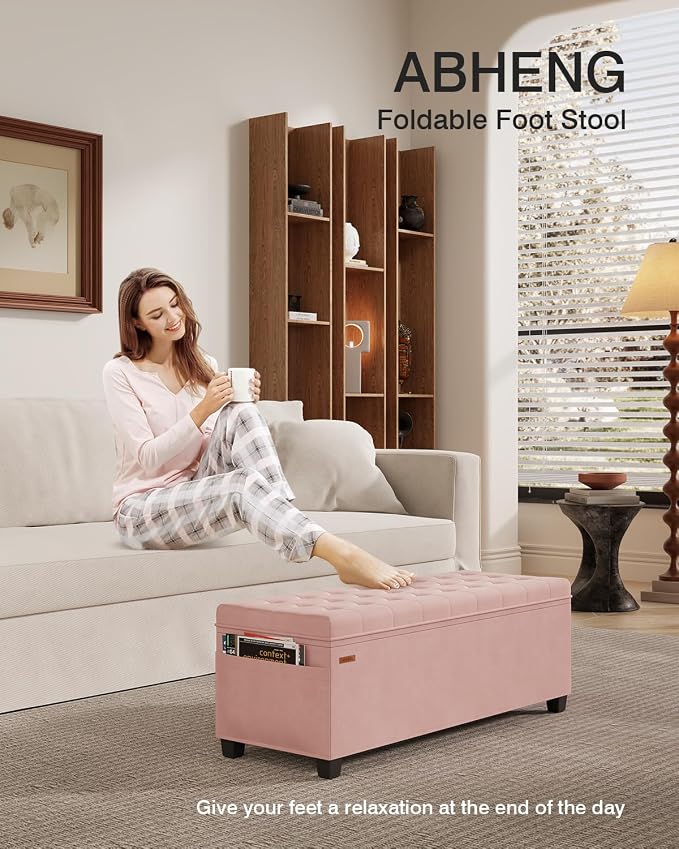 ABHENG Velvet Storage Ottoman Bench with Legs - 770 lb Capacity, 15.7"L x 43"W x 15.7"H for Bedroom, Living Room, Entryway - Jelly Pink
