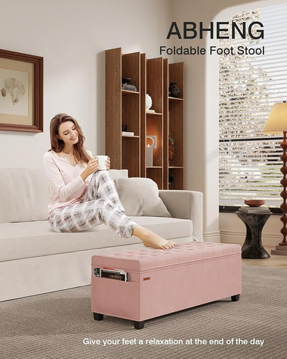 ABHENG Velvet Storage Ottoman Bench with Legs - 770 lb Capacity, 15.7"L x 43"W x 15.7"H for Bedroom, Living Room, Entryway - Jelly Pink