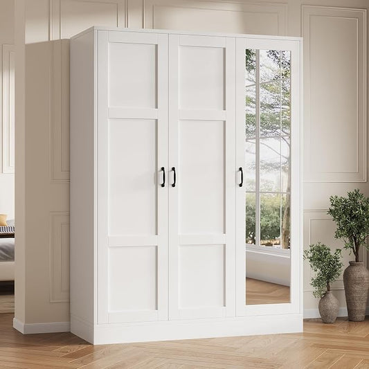 Yanosaku 3-Door Armoire Wardrobe Closet with Full Length Acrylic Mirror, Armoire with Adjustable Shelves & Hanging Rod, Freestanding Storage Cabinet for Bedroom, White