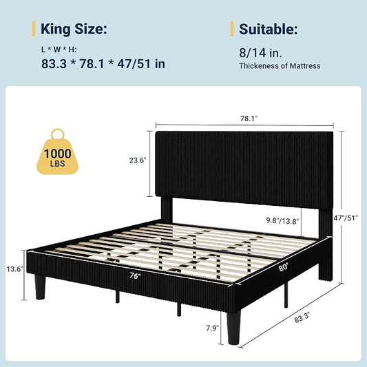 Allewie King Size Upholstered Bed Frame with Vertical Channel Tufted Headboard, Soft Corduroy Fabric Platform Bed, Strong Wooden Slats Support, Easy Assembly, No Box Spring Needed, Black