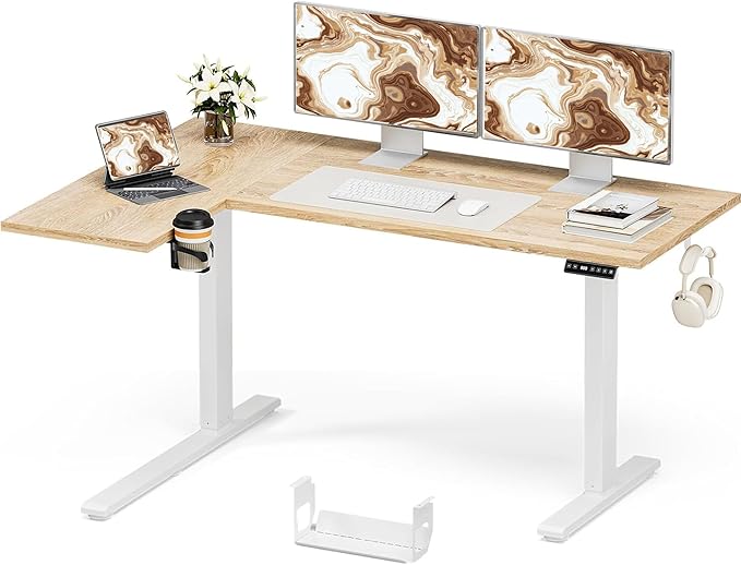 Muvai 59 Inch L Shaped Standing Desk Adjustable Height with Cable Management Tray,Gaming Electric Corner Standing Desk, Sit Stand Computer Table with Reversiable Splice Board,Light Rustic Brown