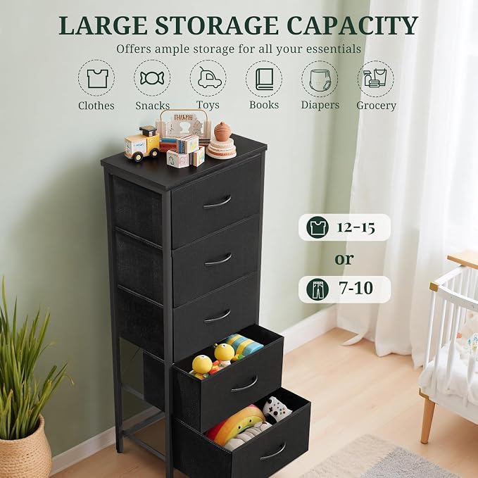 5 Drawers Dresser for Bedroom, Fabric Storage Tower Organizer with Wooden Top and Steel Frame, Tall Chest of Drawers for Closet, Entryway, Dorm, Black