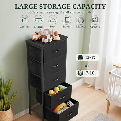 5 Drawers Dresser for Bedroom, Fabric Storage Tower Organizer with Wooden Top and Steel Frame, Tall Chest of Drawers for Closet, Entryway, Dorm, Black
