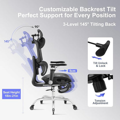 Office Chair with Footrest, Ergonomic Chair with 3D Headrest, Computer Chair with Adjustable Backrest & 6D Armrest, Gaming Chair with Adaptive Lumbar Support, Adjustable Seat Depth, Black