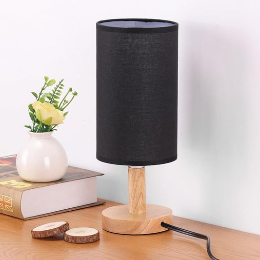 Black Small Bedside Table Lamp for Bedroom,Natural Round Wood Base&Fabric Linen Shade,Cozy Night Table Light for Study Reading,Minimalist Boho Desk Lamp for Nightstand,Living Room,Nursery,Kitchen,Dorm