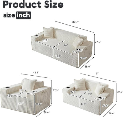 Boneless Sectional Sofa 3 Piece Set with Cup Holders & Side Pockets, Luxury Corduroy Fabric Deep Seat Cloud Couch Living Room, Office, No Assembly (White)