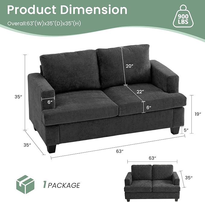 YOUDENOVA Sofa Couch, 3 Piece Set Comfy Sofa, 2 Loveseat & 3 Seater Sofa with Deep Seats for Living Room, Modern Sleeper Couch, Dark Grey Chenille
