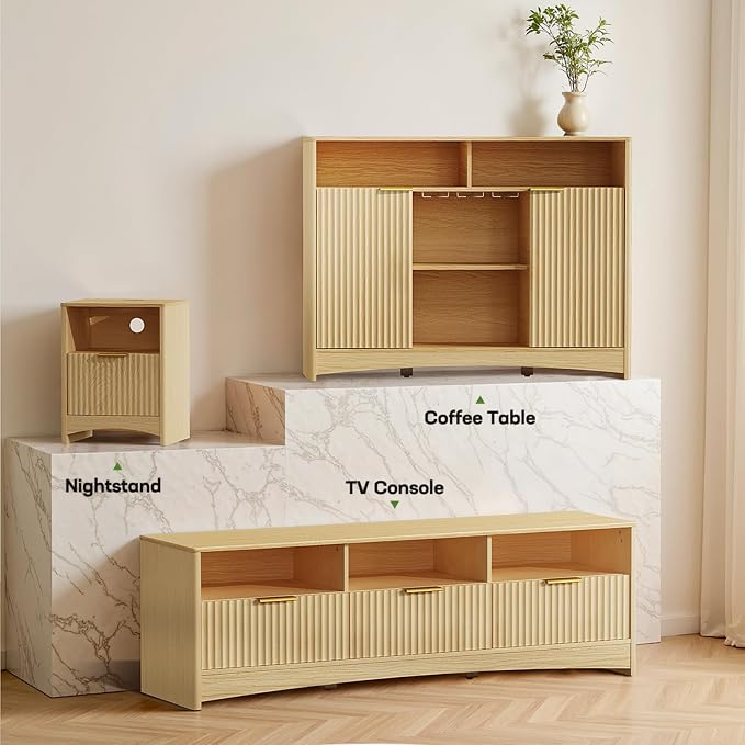 Marsail Fluted Nightstand, Wooden Nightstands with Drawers, Modern Bedside Table with Charging Station and Storage, End Table with Storage Side Table for Bedroom, Oak