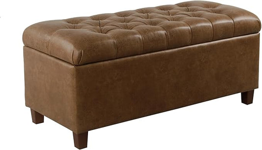 HomePop 40" Button Tufted Storage Bench - Distressed Brown Faux Leather