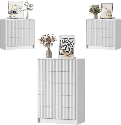Furniway Bedroom Dresser Set 3 Piece, 5 Drawer Curved Dresser with 2 Nightstands, Modern Fluted Wood Storage Cabinet, White Chest of Drawers with Pop-Up Design, White