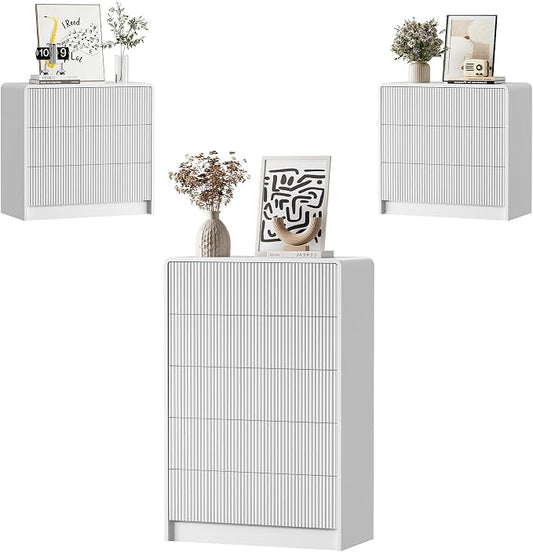 Furniway Bedroom Dresser Set 3 Piece, 5 Drawer Curved Dresser with 2 Nightstands, Modern Fluted Wood Storage Cabinet, White Chest of Drawers with Pop-Up Design, White