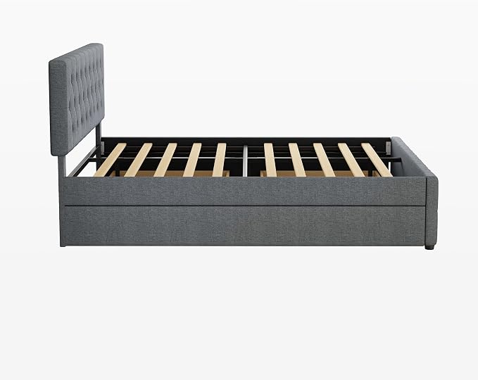 Ball & Cast Queen Bed Frame with Adjustable Headboard,Upholstered Platform Bed Frame Queen Size with 2 Wood Storage Drawers & Pull‑Out Trundle Bed,Wooden Slats Support,No Box Spring Needed,Dark Gray