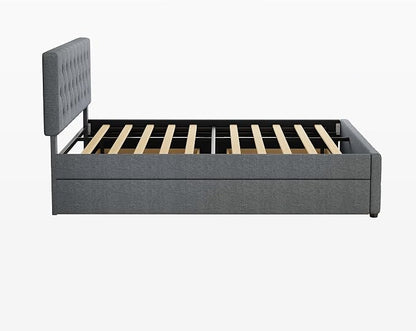 Ball & Cast Queen Bed Frame with Adjustable Headboard,Upholstered Platform Bed Frame Queen Size with 2 Wood Storage Drawers & Pull‑Out Trundle Bed,Wooden Slats Support,No Box Spring Needed,Dark Gray