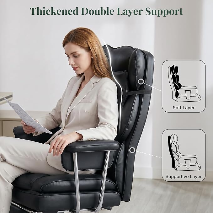Executive Ergonomic Office Chair, PU Leather High Back Reclining Office Chair with Footrest and Lumbar Support, Height Adjustable Rolling Swivel Computer Chair for Home Office,Black