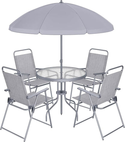 Shintenchi 6 Piece Patio Dining Set with Umbrella, Outdoor Furniture Set with 4 Folding Chairs and Tempered Glass Top Dining Table fot Lawn Backyard Garden Porch, Silver