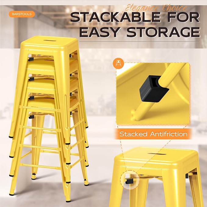 Furmax 24 Inch Metal Bar Stools Set of 4, Counter Height Bar Stools Height High Backless Stools Industrial Stackable Bar Chairs for Dining Room Kitchen Indoor Outdoor Stools Bar Chairs (Yellow)