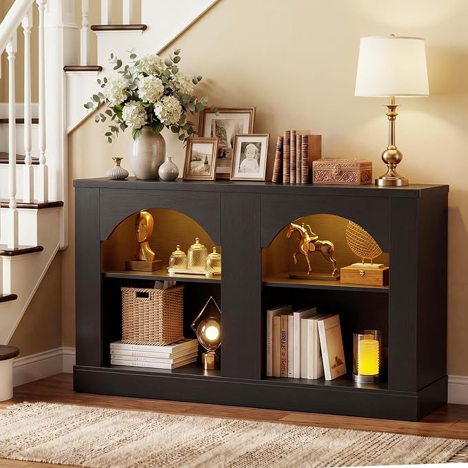 Unikito Entryway Table with LED Lights, 47" Farmhouse Console Table with Adjustable Shelves, Sofa Table Behind Couch, Sideboard Buffet Storage Cabinet for Entrance/Hallway/Living Room,Black