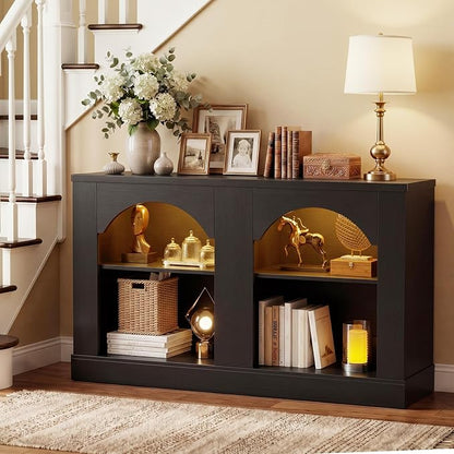 Unikito Entryway Table with LED Lights, 47" Farmhouse Console Table with Adjustable Shelves, Sofa Table Behind Couch, Sideboard Buffet Storage Cabinet for Entrance/Hallway/Living Room,Black