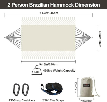 CHULIM Brazilian Double Hammock with Tree Straps,Extra Large 94x63IN,2 Persons Hammock for Backyard Patio Outdoor Indoor,450lbs Weight Capacity,Soft Woven Cotton Fabric - Natrual White with Tassels