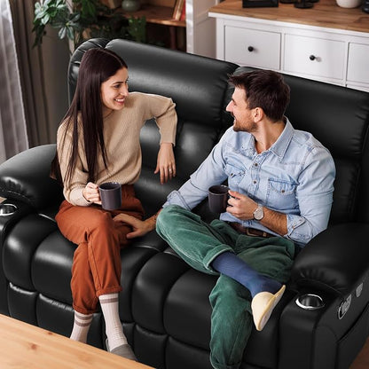 Loveseat Recliner Sofa Set with 2+1+1 Pieces, 2 Seater Minimalist Style Manual Pull Tab Reclining Loveseat with USB Charge Ports, Cup Holders, Recliner Couches for Living Room, RV, Black