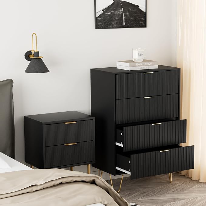 Masupu 4 Drawer Dresser, Drawer Chest, Tall Storage Chest Cabinet Organizer Unit with Metal Legs, Small Dresser for Bedroom, Living Room, Closet, Hallway Black Stripe