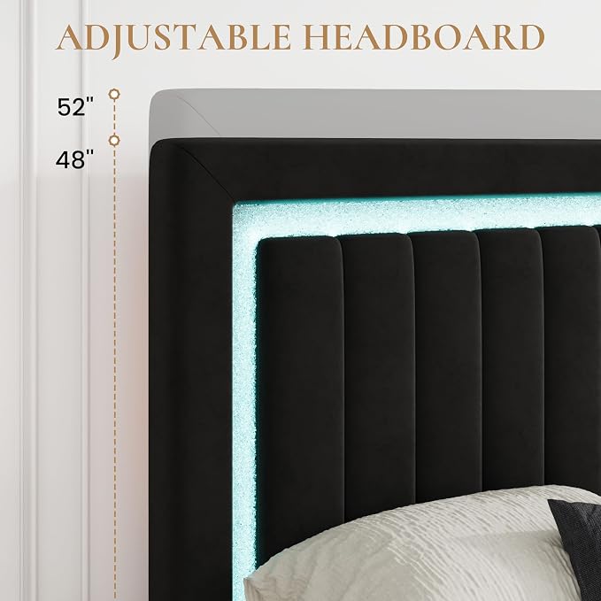 SHA CERLIN Full Size Velvet Bed Frame with LED Light, Adjustable Vertical Channel Tufted Headboard, Strong Wooden Slats Support, Noise-Free, No Box Spring Needed, Black
