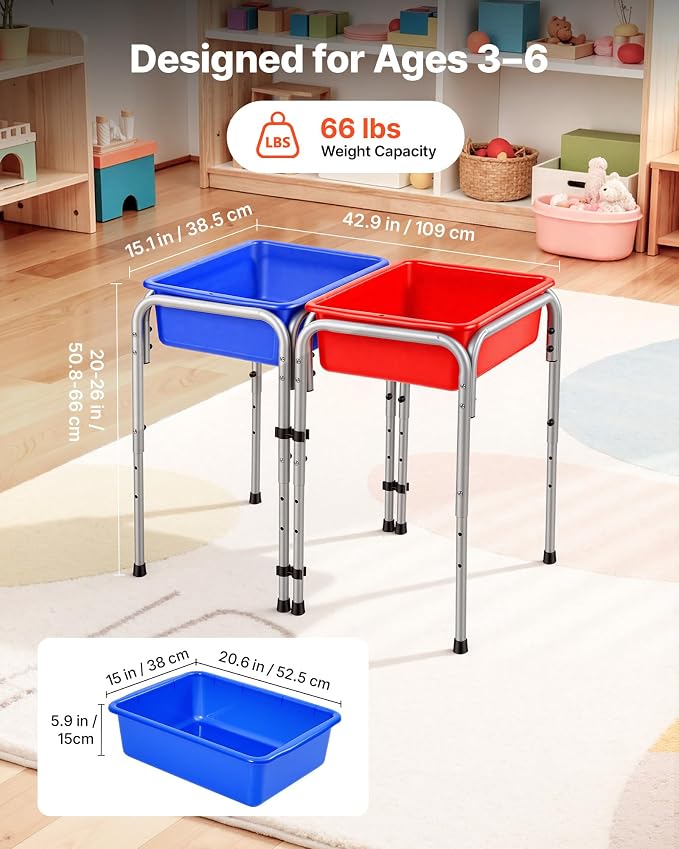 VEVOR Sensory Table for Toddlers, Kids 2-Station Sand and Water Adjustable Play Table with Detachable Storage Bins and Non-Slip Feet, Carbon Steel Frame, Rounded Corners, for Boys and Girls Exploring