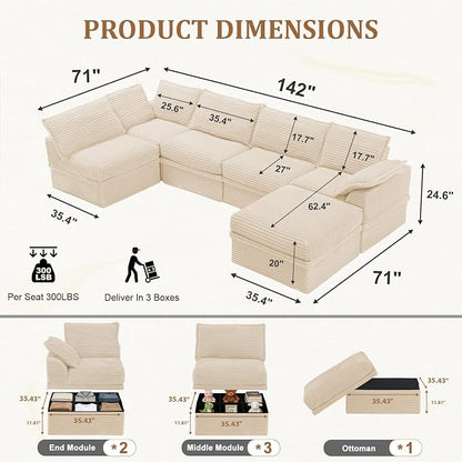 Upgrade Boneless Couch with Storage, Extra Deep&High Seat Modular Sectional Sofa 5 Seater U Shaped Couch with Ottoman, Tool-Free Assembly Sectional Couches for Living Room