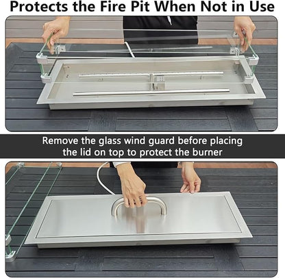Hisencn 30 x 10 Inch Drop-in Fire Pit Kit, Premium Stainless Steel Modern Fire Trough with Tempered Glass Wind Guard, Built-in Outdoor Table Flame Feature for Patio, Backyard & Entertaining