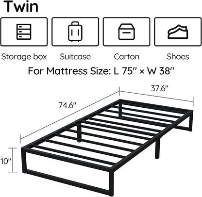 Richwanone 10 Inch Twin Bed Frames, Metal Platform Mattress Foundation with Steel Slat Support, No Box Spring Needed, Easy Assembly, Black | Twin Bed Frames, Mattress Foundation with Steel Slat Support, No Box Spring Needed, Easy Assembly