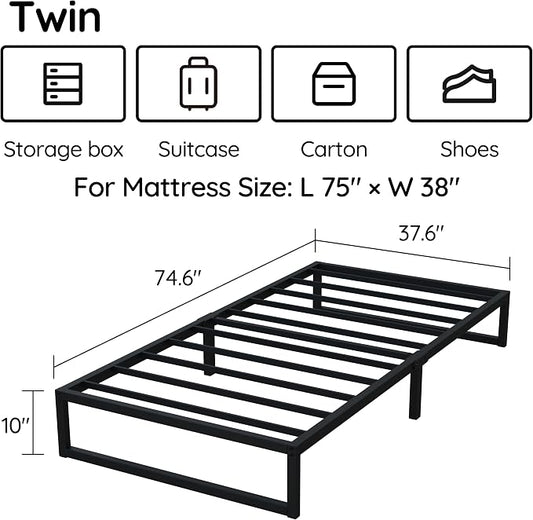 Richwanone 10 Inch Twin Bed Frames, Metal Platform Mattress Foundation with Steel Slat Support, No Box Spring Needed, Easy Assembly, Black | Twin Bed Frames, Mattress Foundation with Steel Slat Support, No Box Spring Needed, Easy Assembly