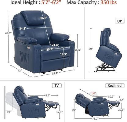 MCombo Oversized Power Lift Recliner Chair for Elderly, Lift Chair with Heat and Massage for Big and Tall, USB&Type C Ports, Cup Holders, Faux Leather R7510 (Blue, Large-Wide)