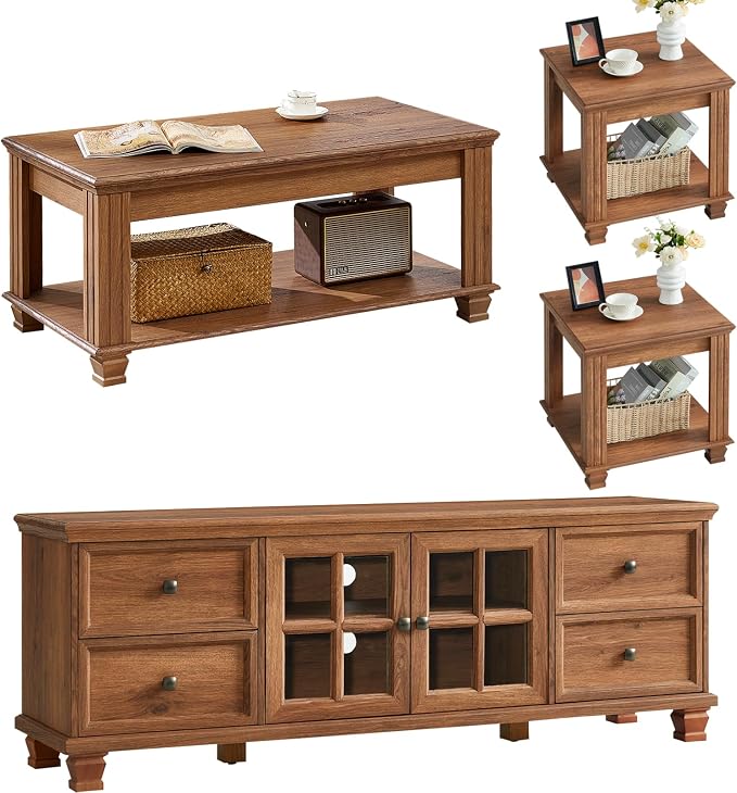 SAVOR LIFE TV Stand and Coffee Table Set, 4 Piece Living Room Table Set with Drawer & Open Shelving & Thick Tabletop & Square Wooden Legs, Brown