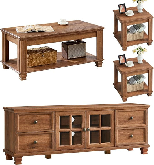 SAVOR LIFE TV Stand and Coffee Table Set, 4 Piece Living Room Table Set with Drawer & Open Shelving & Thick Tabletop & Square Wooden Legs, Brown