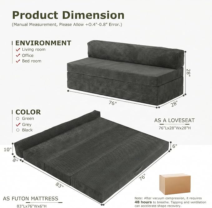 5-in-1 Convertible Sofa Bed, Boneless Loveseat with Removable Cushions & Washable Cover,Futon Sofa Bed with Handle, Pull Out Couch for Small Spaces, King Size, Grey