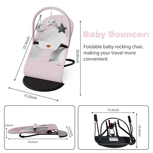 Portable Baby Bouncer Seat for Infants, 0-18 Months, 3 Modes of Use with Rocker & Stationary Options, Ergonomic Infant Chair with Hanging Toys,Pink